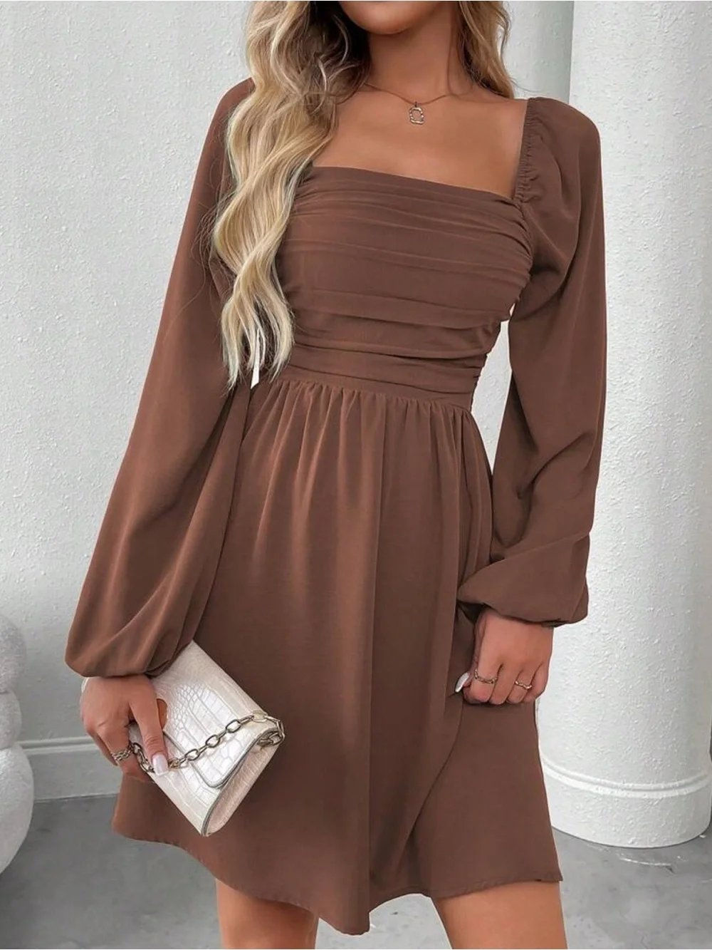 Brown Long Sleeve Square Neck Mini Dress